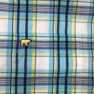 Jack Nicholas Button Shirt Mens M Teal Plaid Gold Bear Logo
